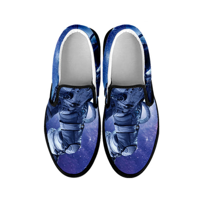 Astronaut On Space Mission Print Black Slip On Shoes