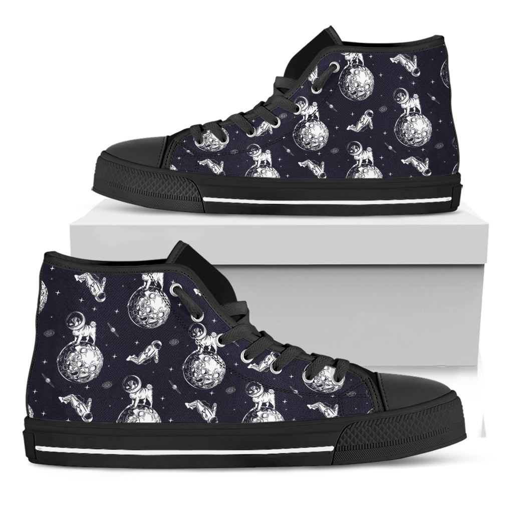 Astronaut Pug In Space Pattern Print Black High Top Shoes