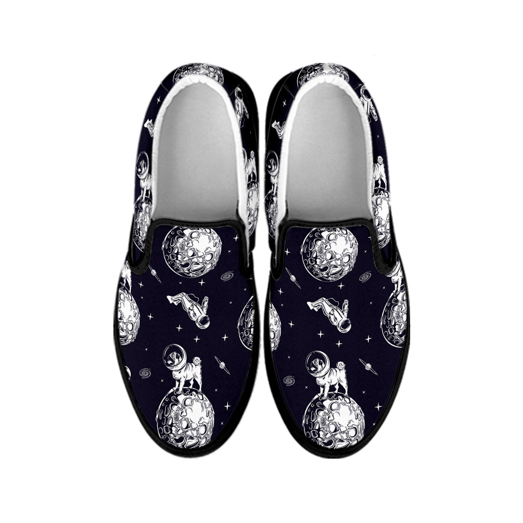 Astronaut Pug In Space Pattern Print Black Slip On Shoes