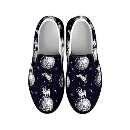 Astronaut Pug In Space Pattern Print Black Slip On Shoes