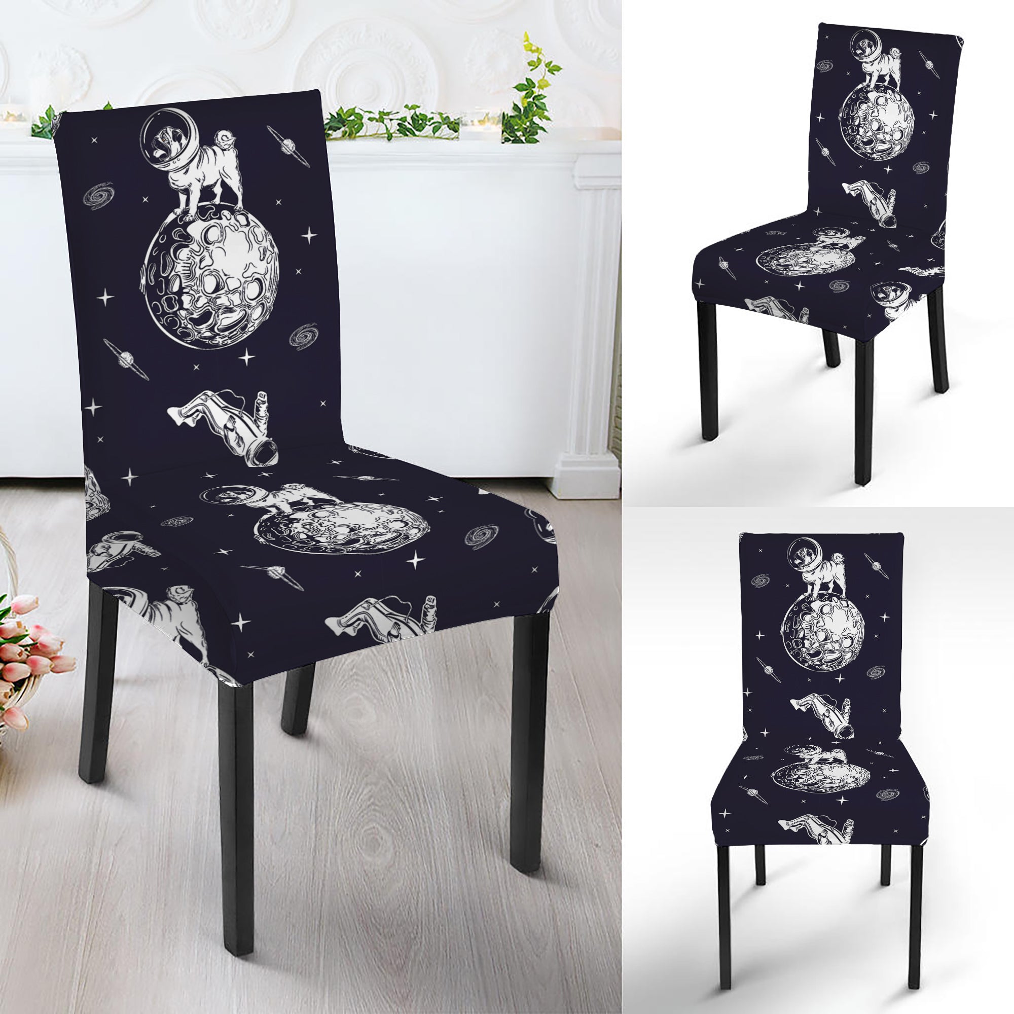 Astronaut Pug In Space Pattern Print Dining Chair Slipcover