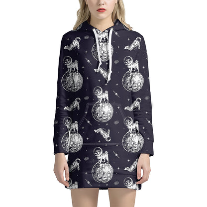 Astronaut Pug In Space Pattern Print Hoodie Dress