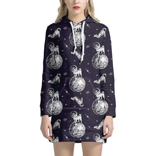 Astronaut Pug In Space Pattern Print Hoodie Dress