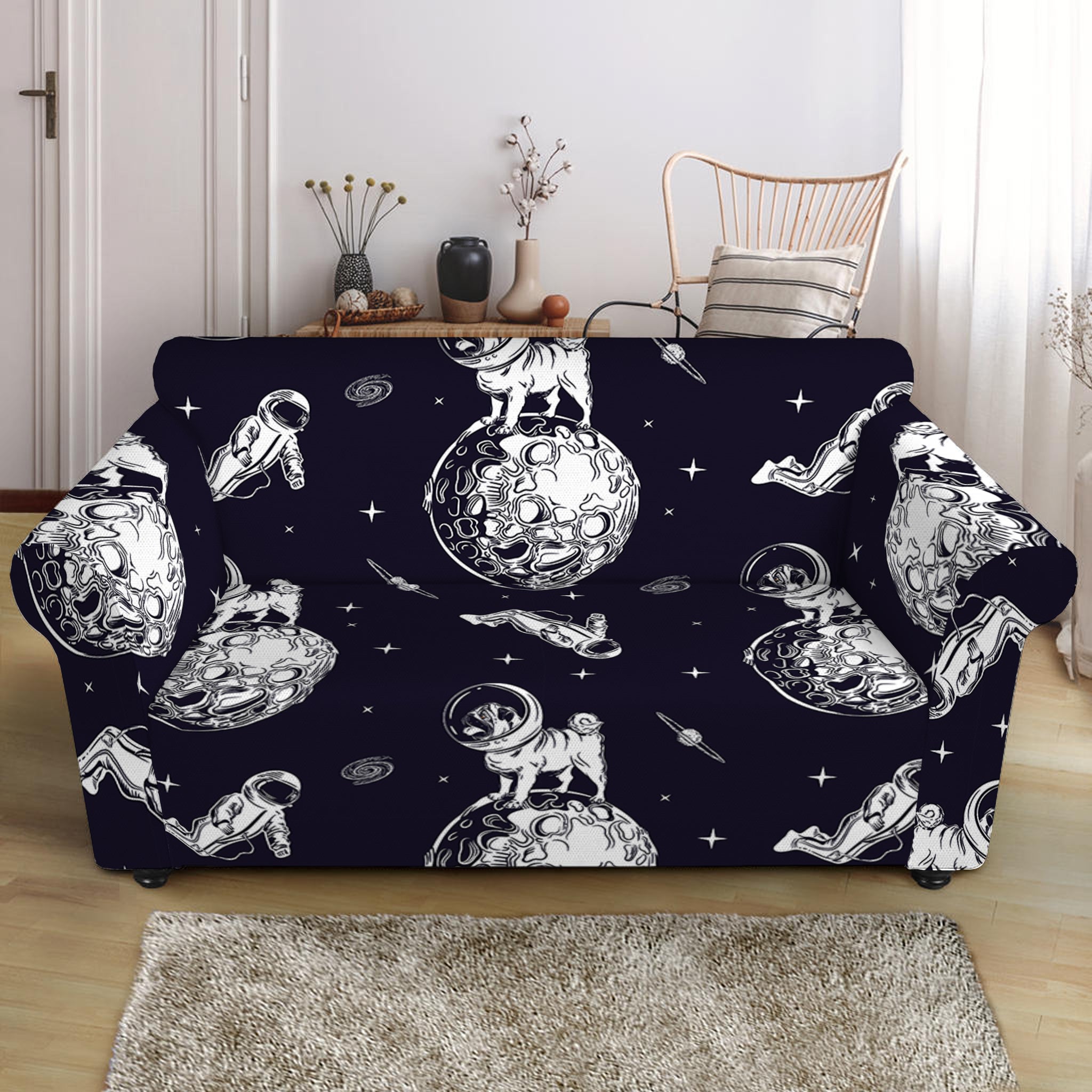 Astronaut Pug In Space Pattern Print Loveseat Slipcover