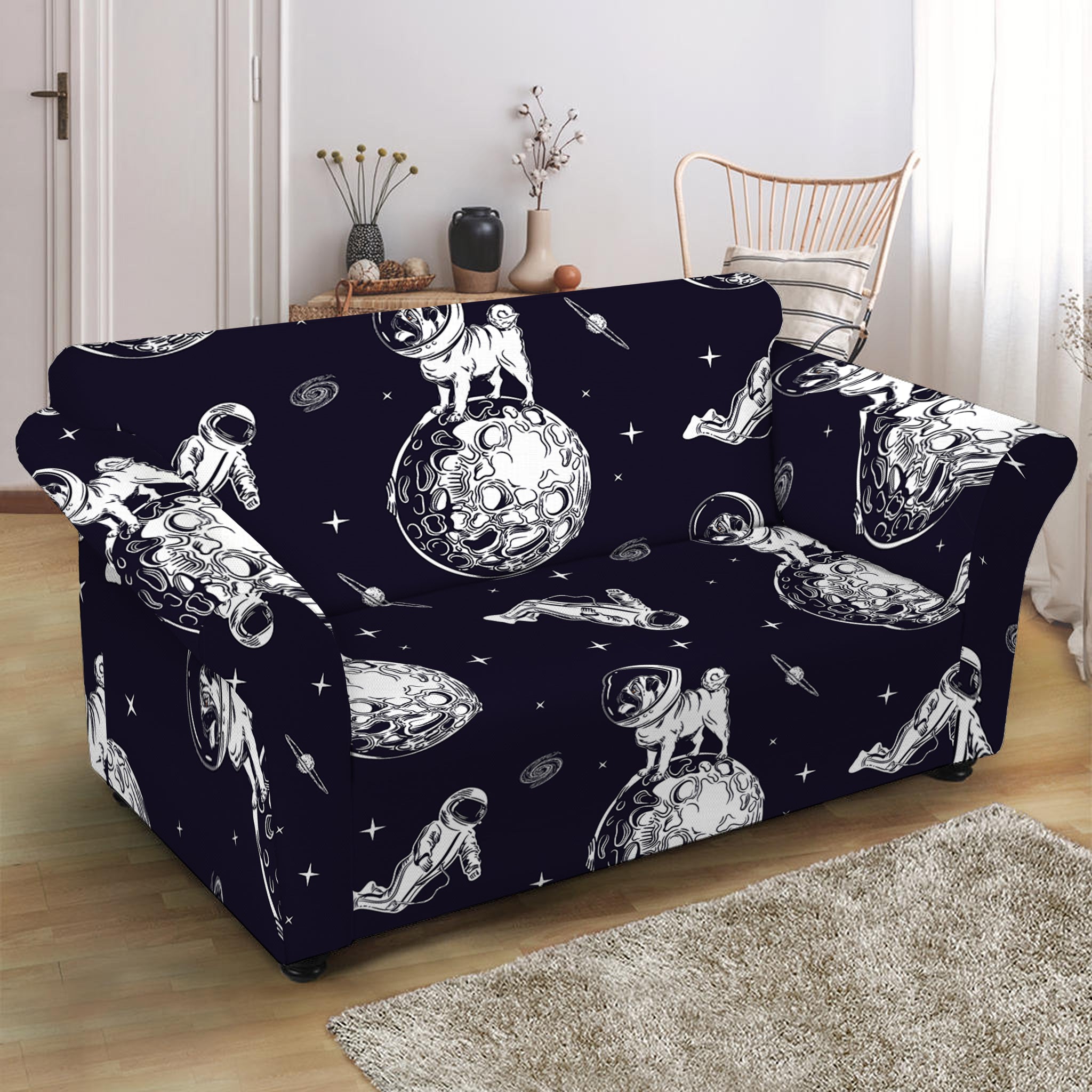 Astronaut Pug In Space Pattern Print Loveseat Slipcover