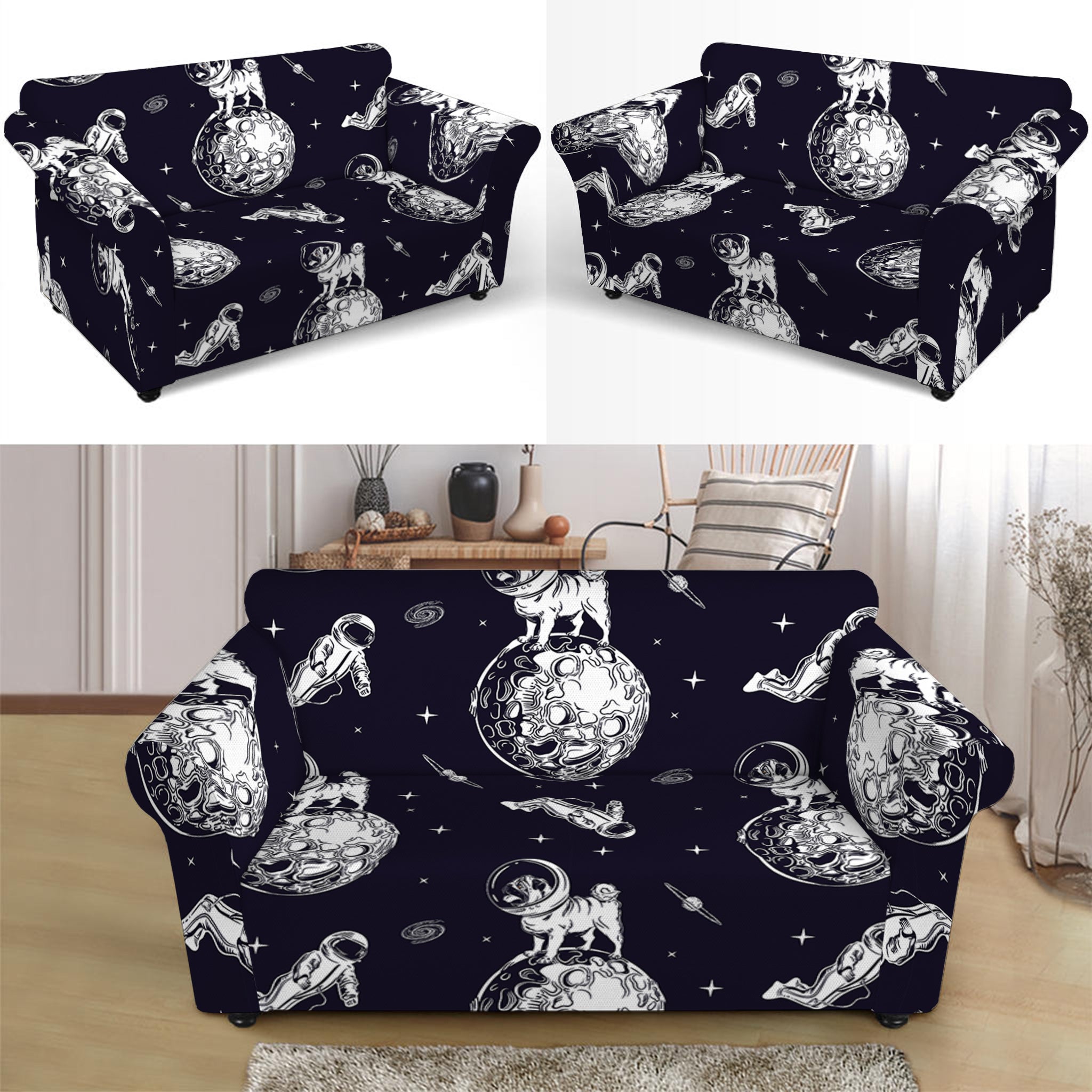 Astronaut Pug In Space Pattern Print Loveseat Slipcover