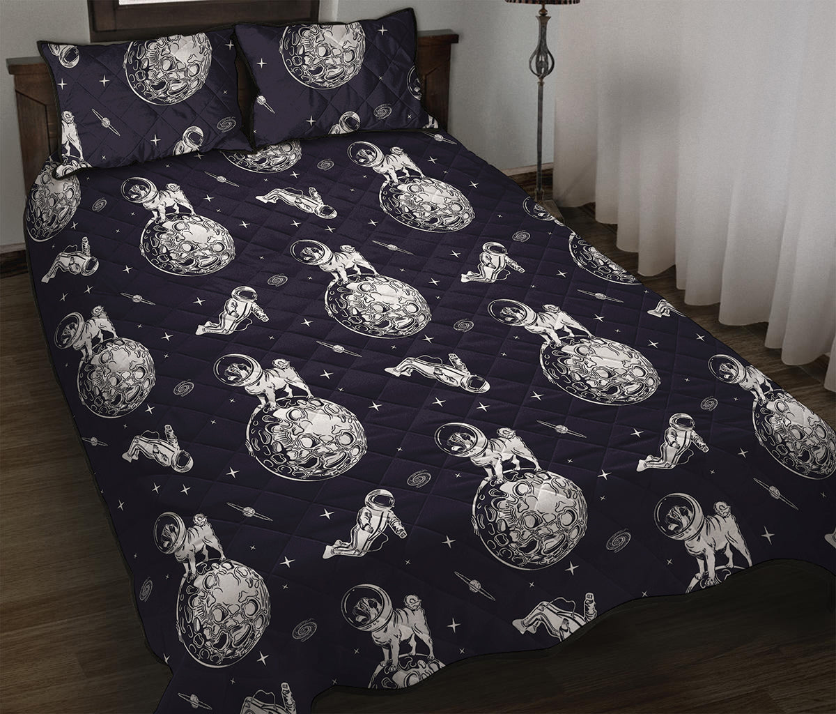 Astronaut Pug In Space Pattern Print Quilt Bed Set