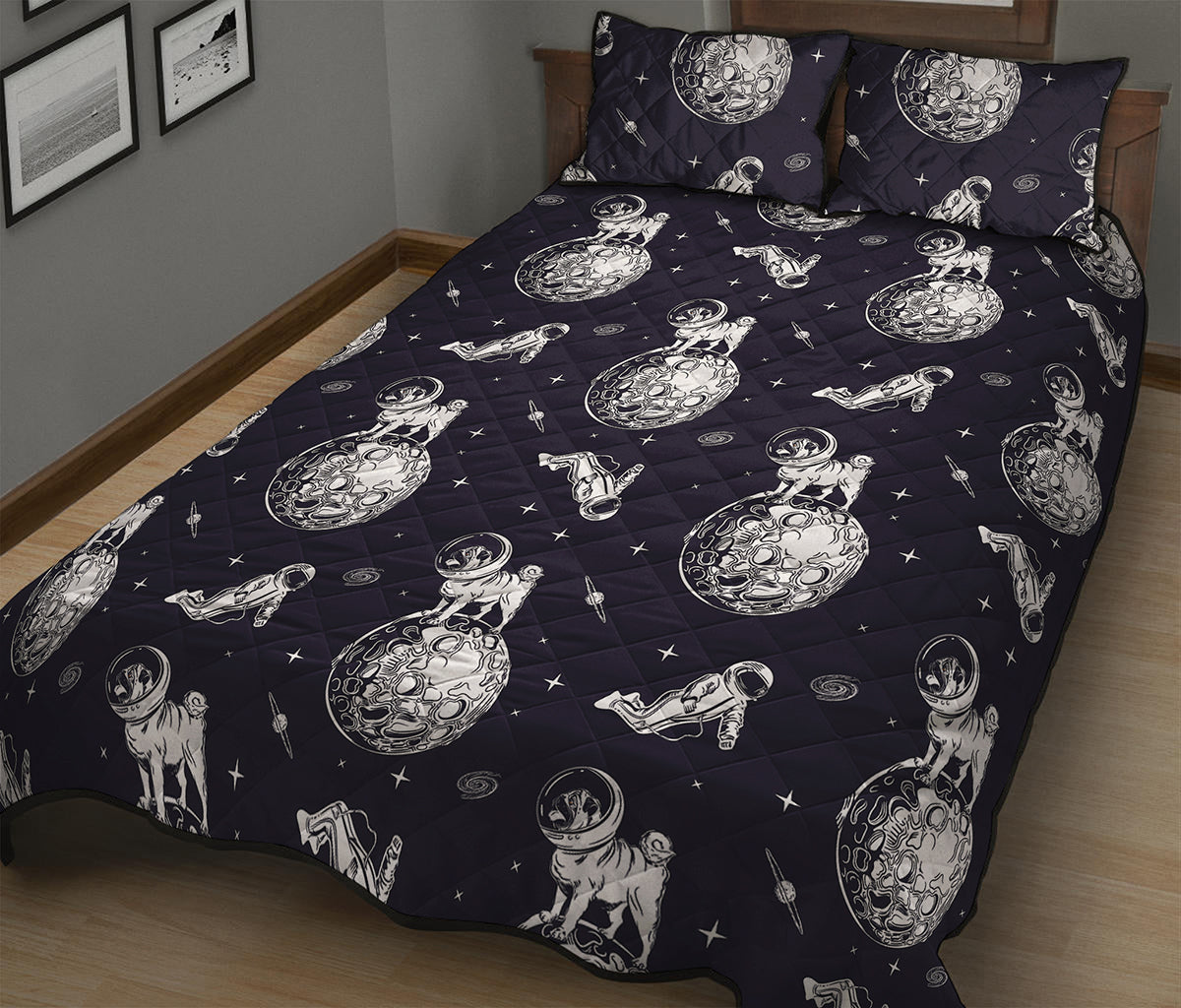 Astronaut Pug In Space Pattern Print Quilt Bed Set