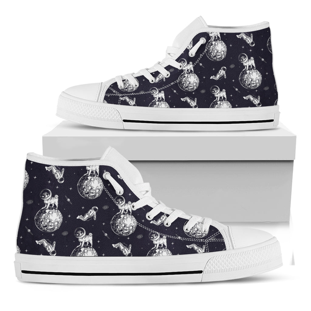 Astronaut Pug In Space Pattern Print White High Top Shoes