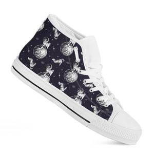 Astronaut Pug In Space Pattern Print White High Top Shoes