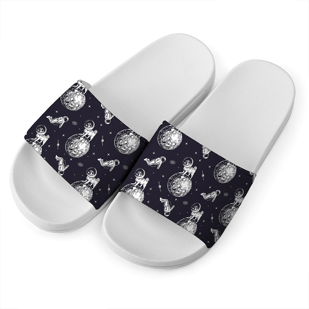 Astronaut Pug In Space Pattern Print White Slide Sandals