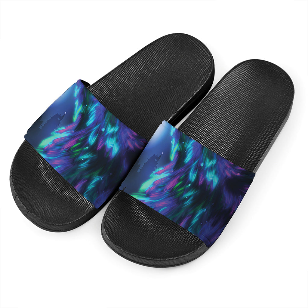 Aurora Howling Wolf Spirit Print Black Slide Sandals