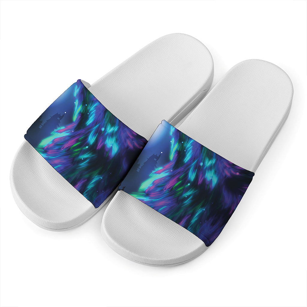 Aurora Howling Wolf Spirit Print White Slide Sandals