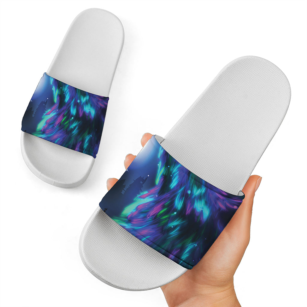 Aurora Howling Wolf Spirit Print White Slide Sandals