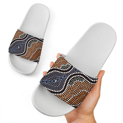 Australia River Aboriginal Dot Print White Slide Sandals