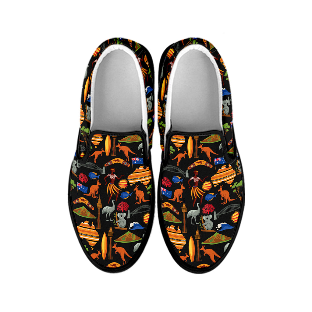 Australia Symbols Pattern Print Black Slip On Shoes
