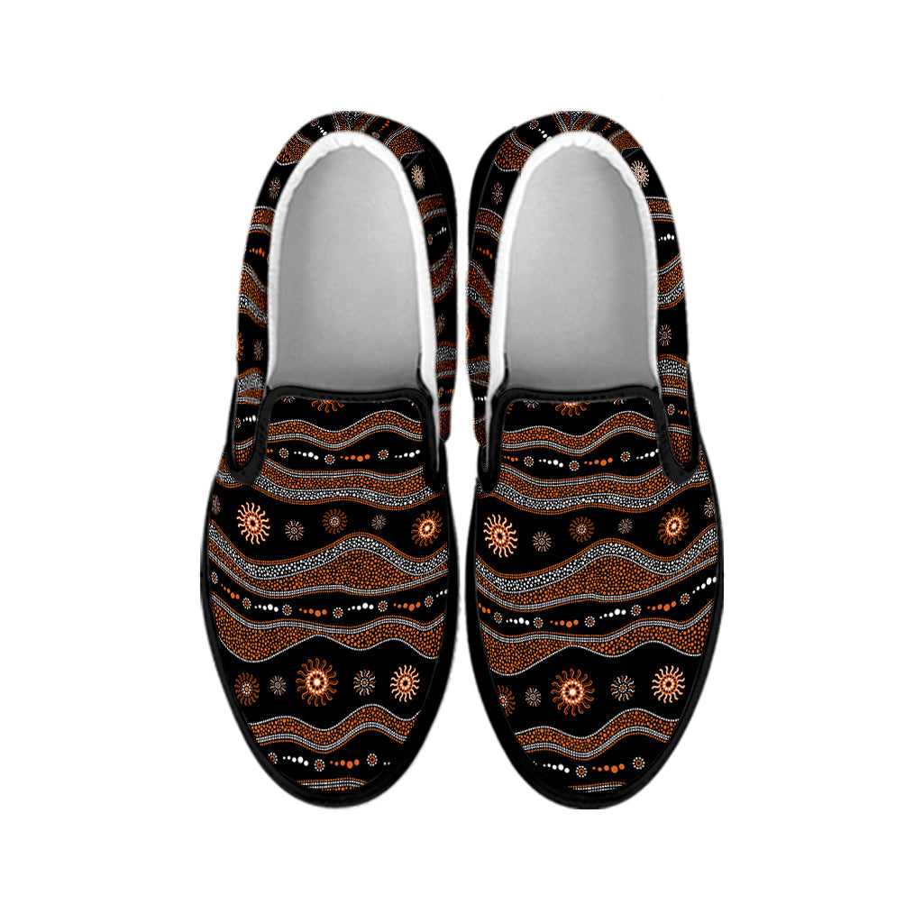 Australian Aboriginal Art Pattern Print Black Slip On Shoes