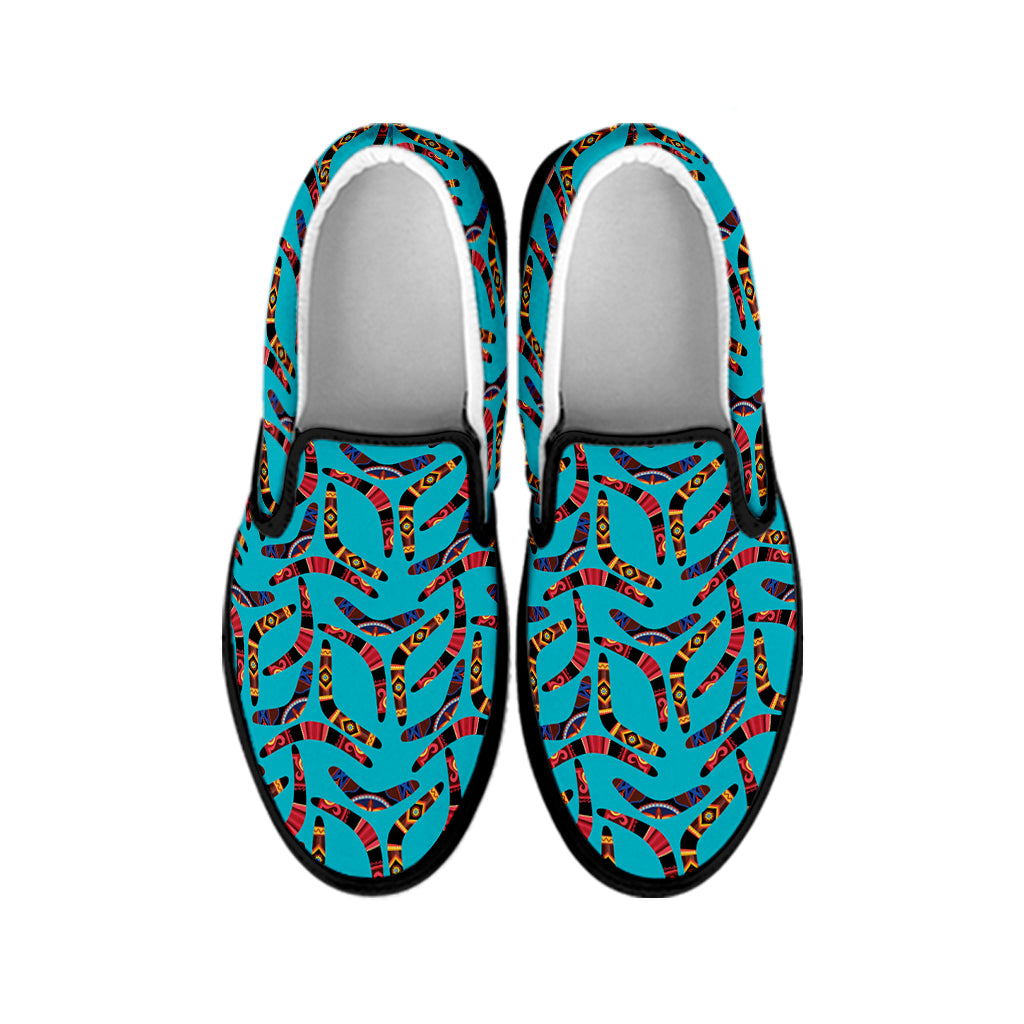 Australian Aboriginal Boomerang Print Black Slip On Shoes