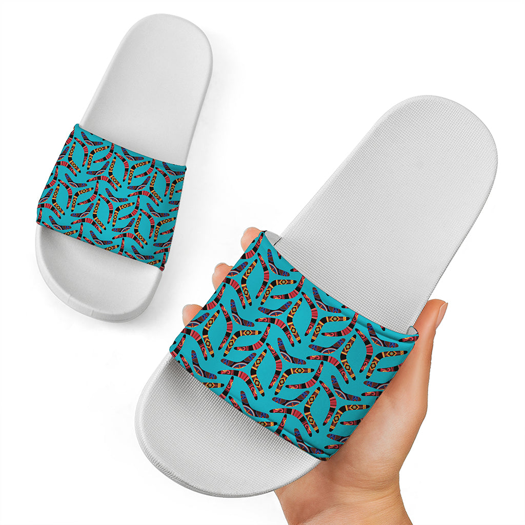 Australian Aboriginal Boomerang Print White Slide Sandals