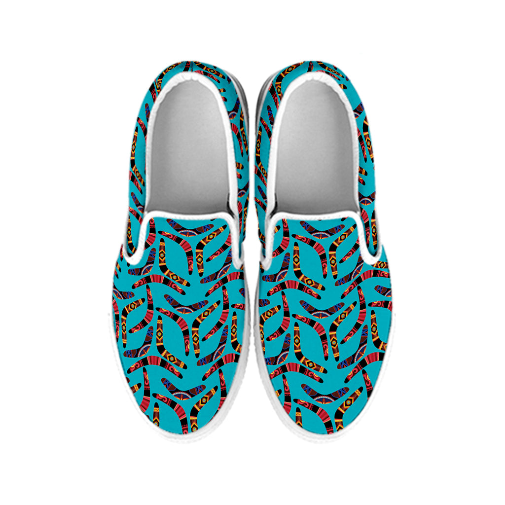 Australian Aboriginal Boomerang Print White Slip On Shoes