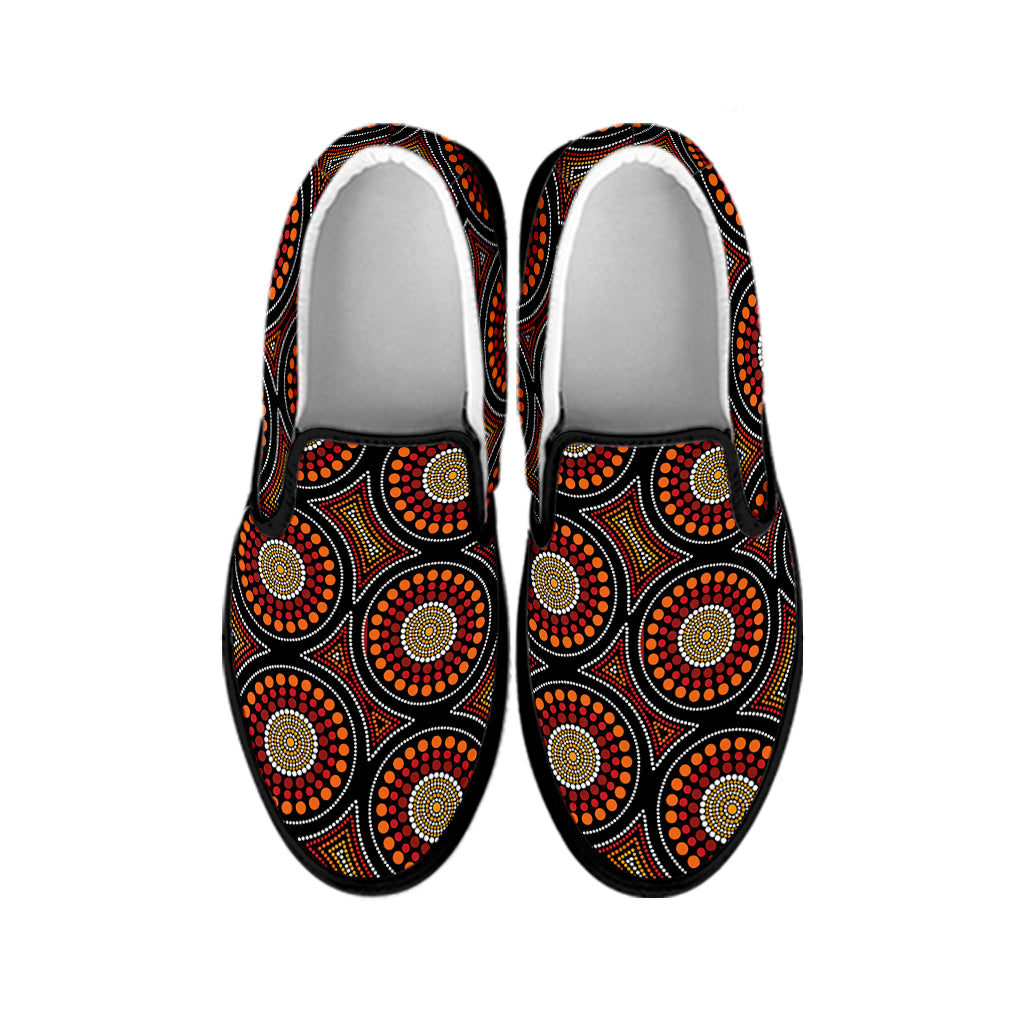 Australian Aboriginal Dot Pattern Print Black Slip On Shoes