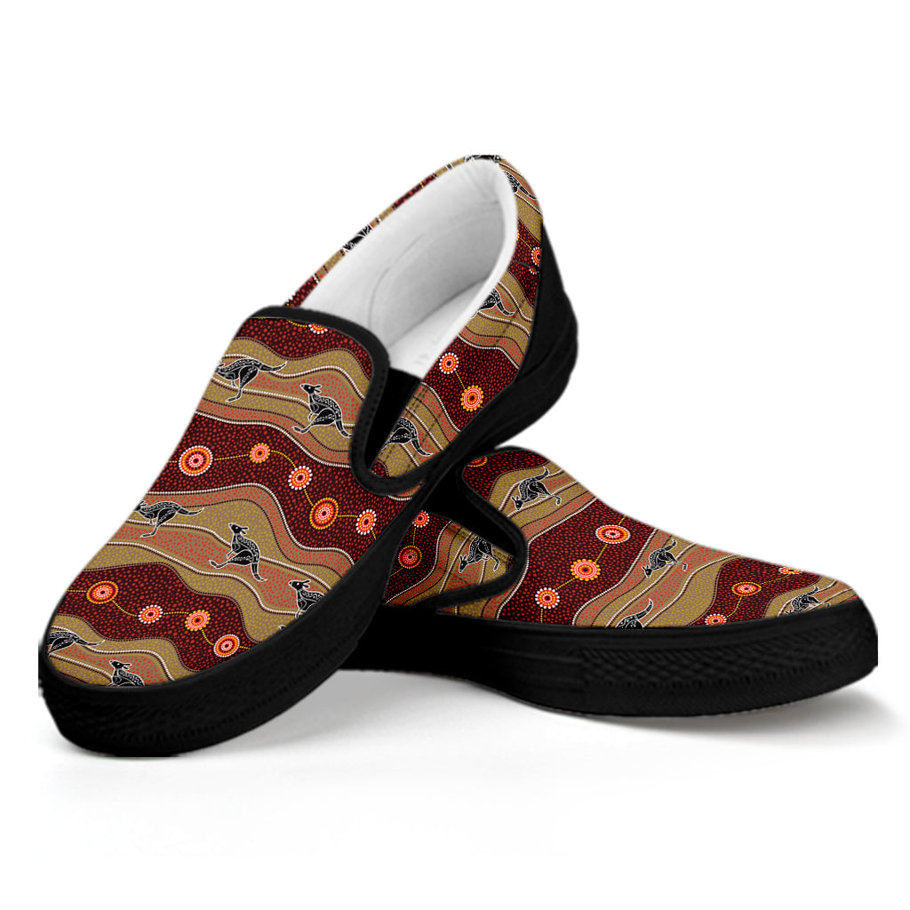 Australian Aboriginal Kangaroo Print Black Slip On Shoes