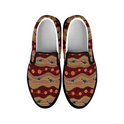 Australian Aboriginal Kangaroo Print Black Slip On Shoes