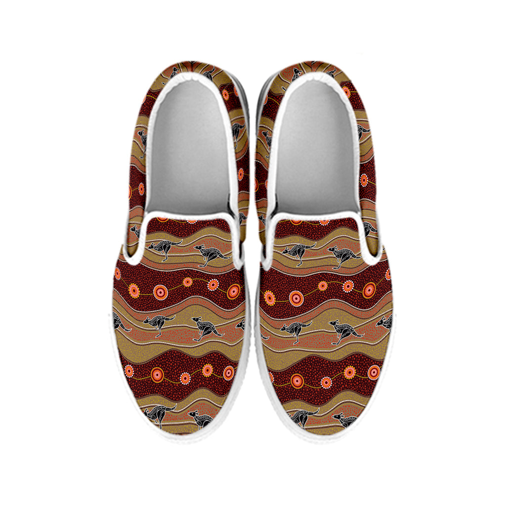 Australian Aboriginal Kangaroo Print White Slip On Shoes