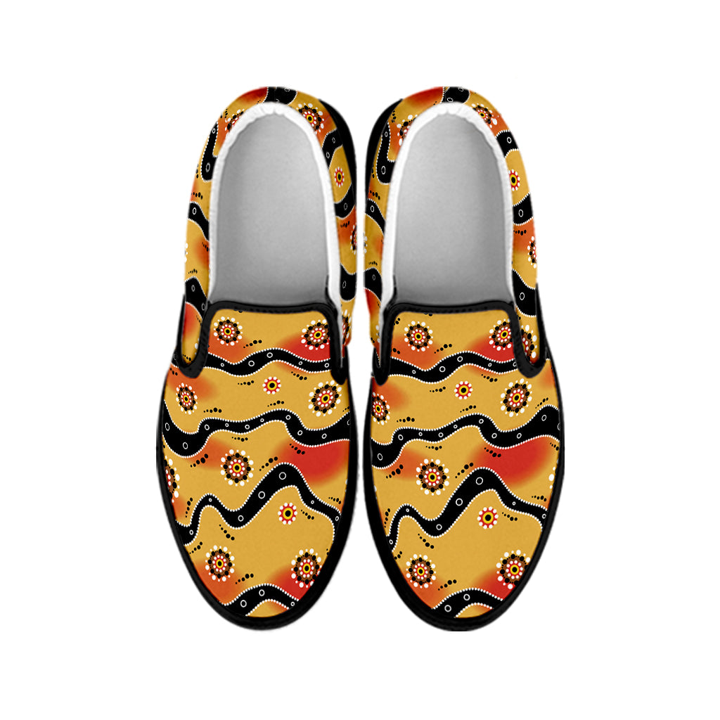 Australian Aboriginal Pattern Print Black Slip On Shoes