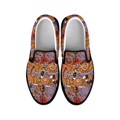 Australian Animals Pattern Print Black Slip On Shoes