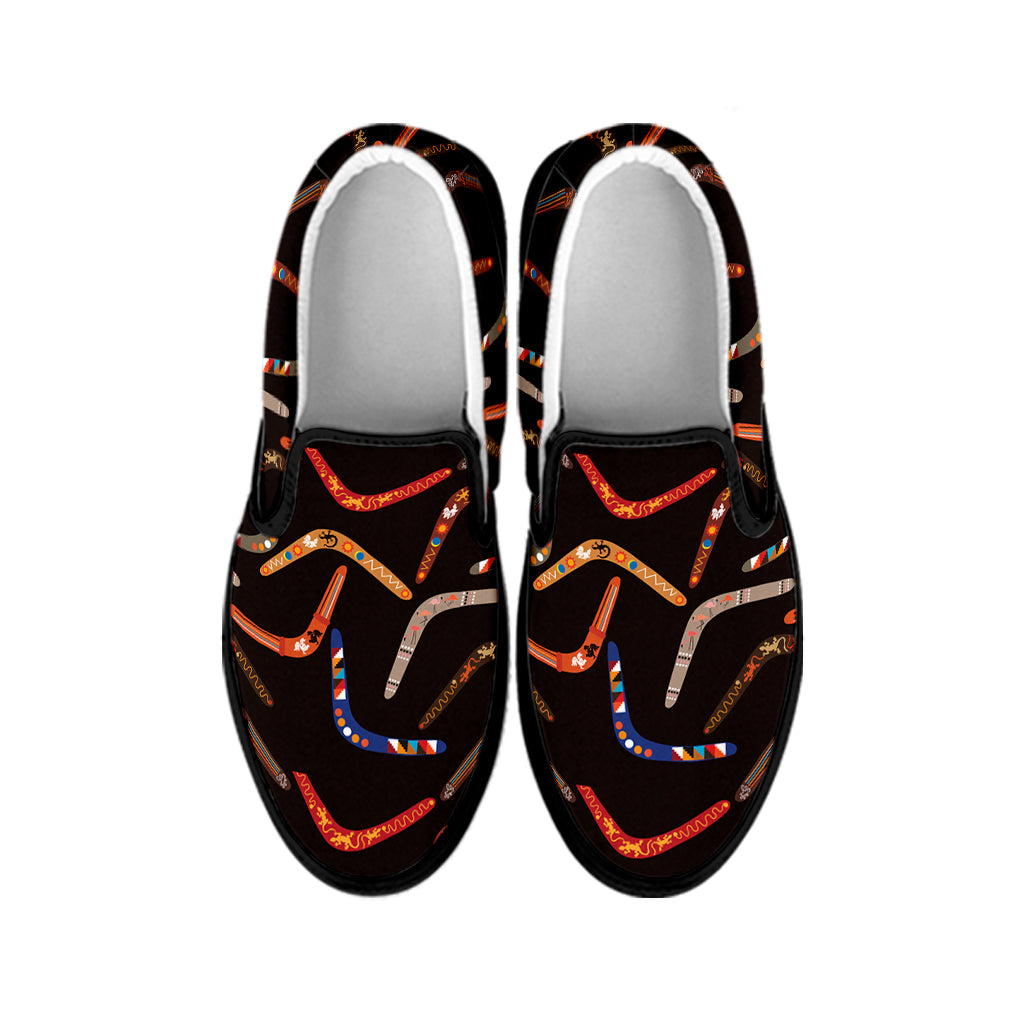 Australian Boomerang Pattern Print Black Slip On Shoes