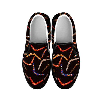 Australian Boomerang Pattern Print Black Slip On Shoes