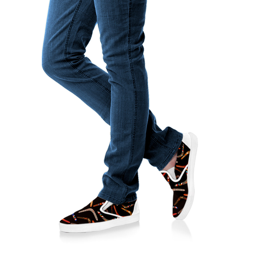 Australian Boomerang Pattern Print White Slip On Shoes