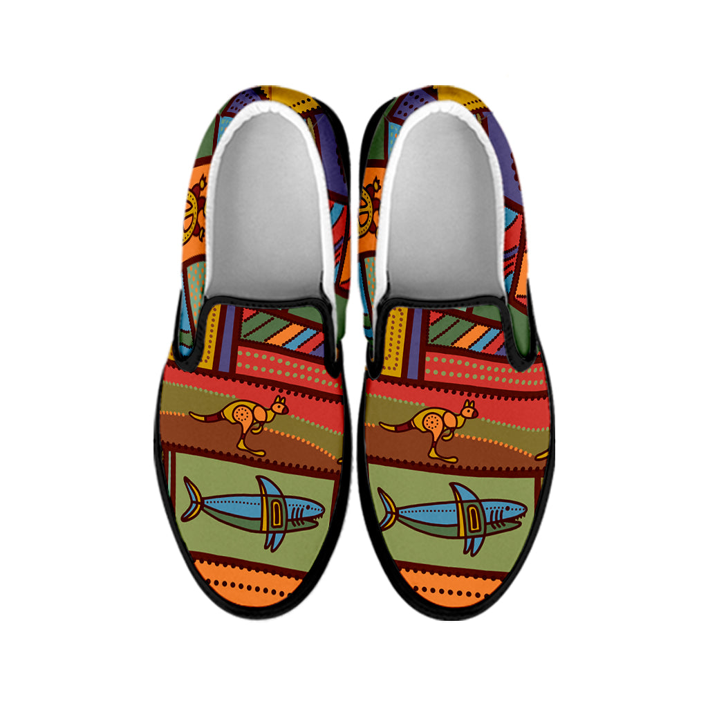 Australian Ethnic Pattern Print Black Slip On Shoes