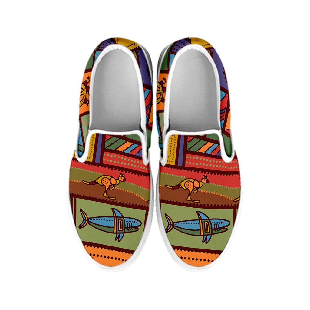 Australian Ethnic Pattern Print White Slip On Shoes