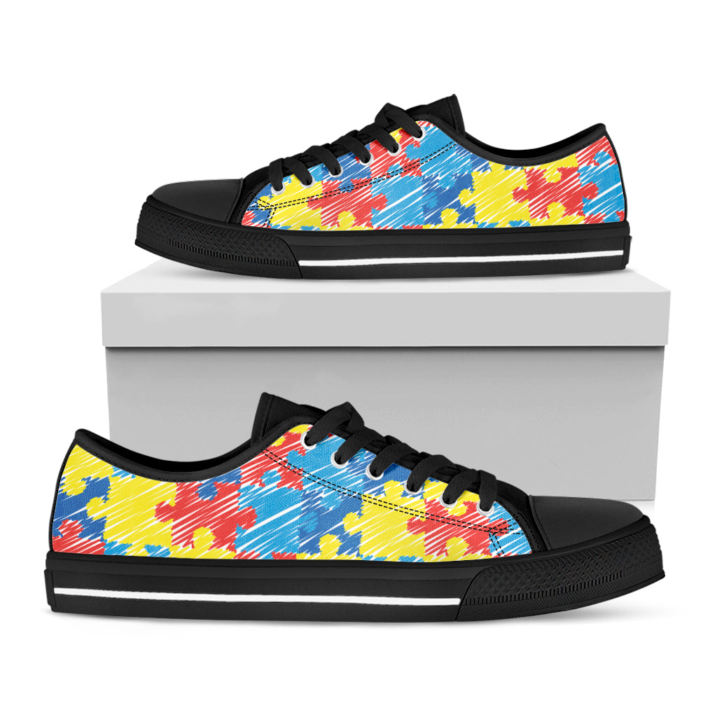 Autism Awareness Drawing Puzzle Print Black Low Top Shoes