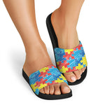 Autism Awareness Drawing Puzzle Print Black Slide Sandals