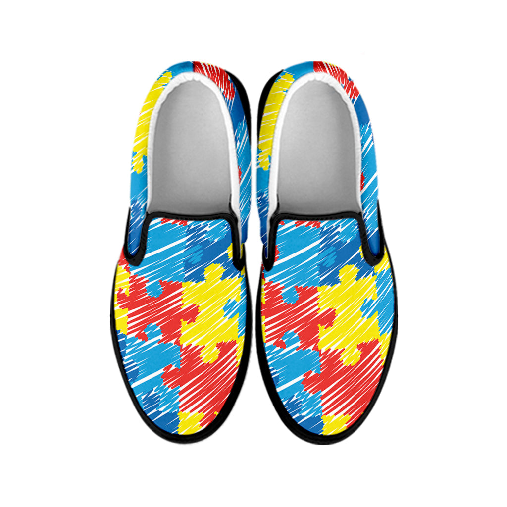 Autism Awareness Drawing Puzzle Print Black Slip On Shoes