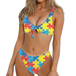 Autism Awareness Drawing Puzzle Print Front Bow Tie Bikini