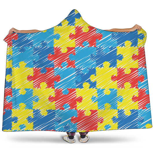 Autism Awareness Drawing Puzzle Print Hooded Blanket