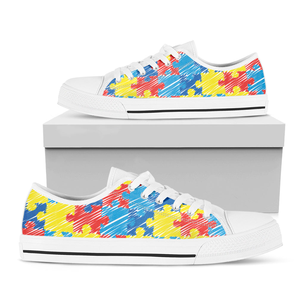 Autism Awareness Drawing Puzzle Print White Low Top Shoes