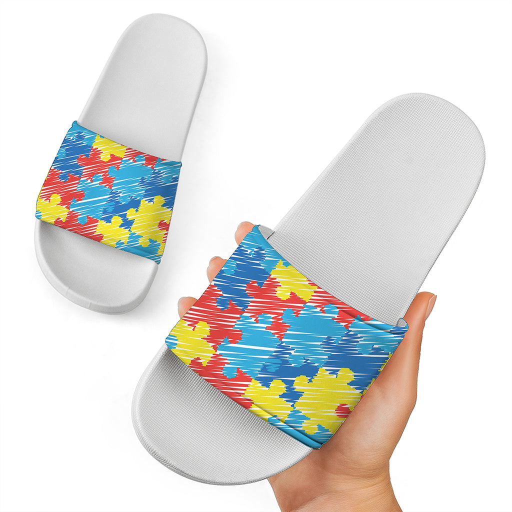 Autism Awareness Drawing Puzzle Print White Slide Sandals