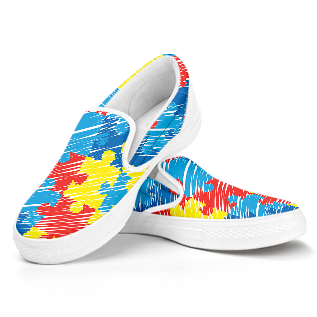 Autism Awareness Drawing Puzzle Print White Slip On Shoes