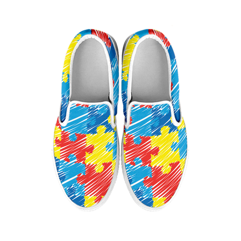 Autism Awareness Drawing Puzzle Print White Slip On Shoes