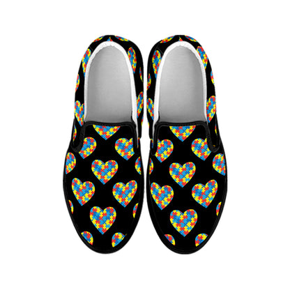Autism Awareness Heart Pattern Print Black Slip On Shoes