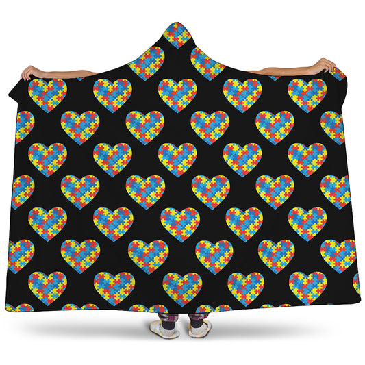Autism Awareness Heart Pattern Print Hooded Blanket