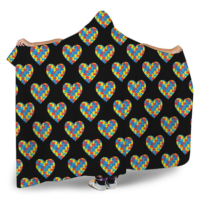 Autism Awareness Heart Pattern Print Hooded Blanket
