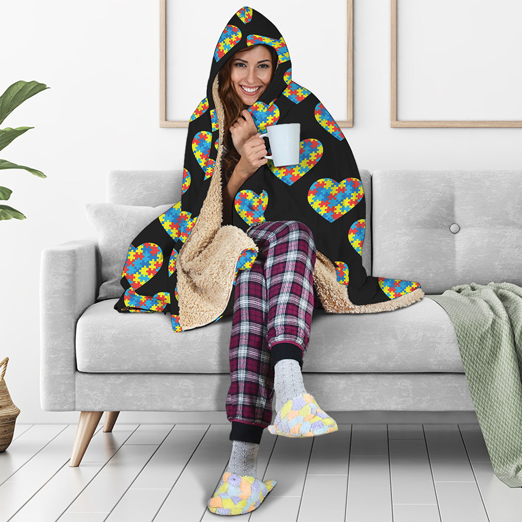 Autism Awareness Heart Pattern Print Hooded Blanket