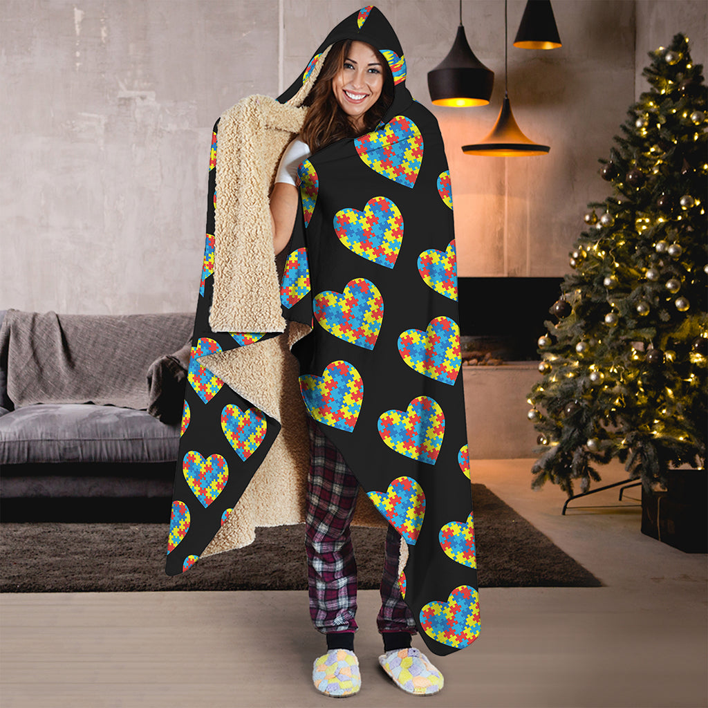Autism Awareness Heart Pattern Print Hooded Blanket