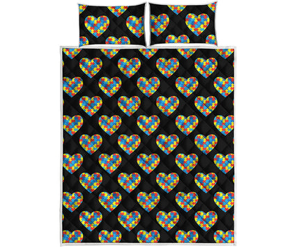 Autism Awareness Heart Pattern Print Quilt Bed Set